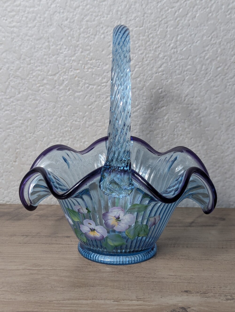 Fenton Misty Blue Iridized Basket Aubergine Crest Hand Painted Pansies A Farley